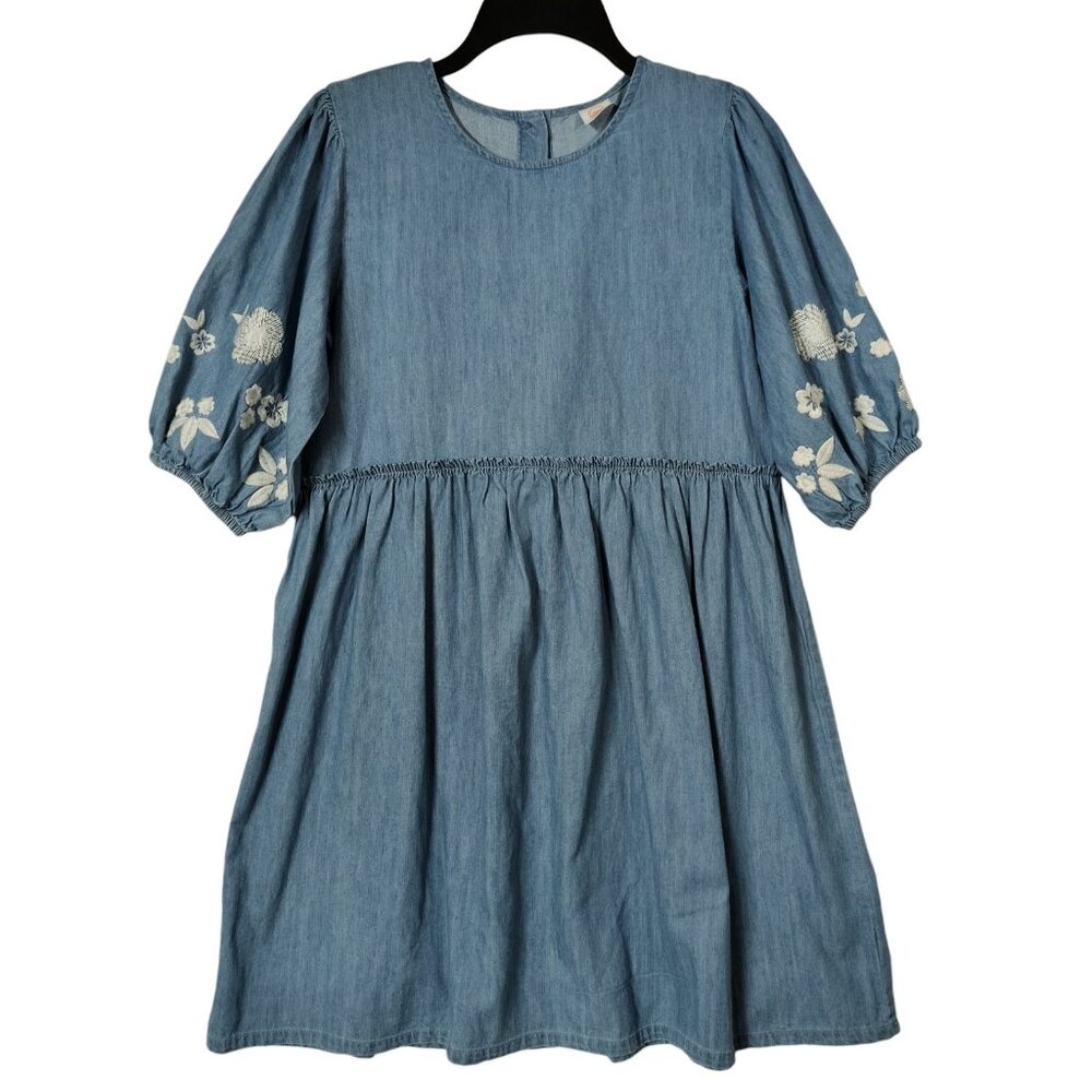 Wonder Nation Girls' Balloon Sleeve Denim Dress Embroidery XL 14-16